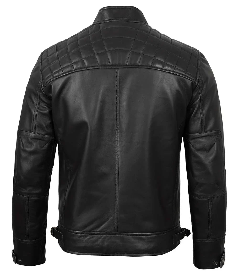 Tall Diamond Mens Black Cafe Racer Leather Jacket - Image 2