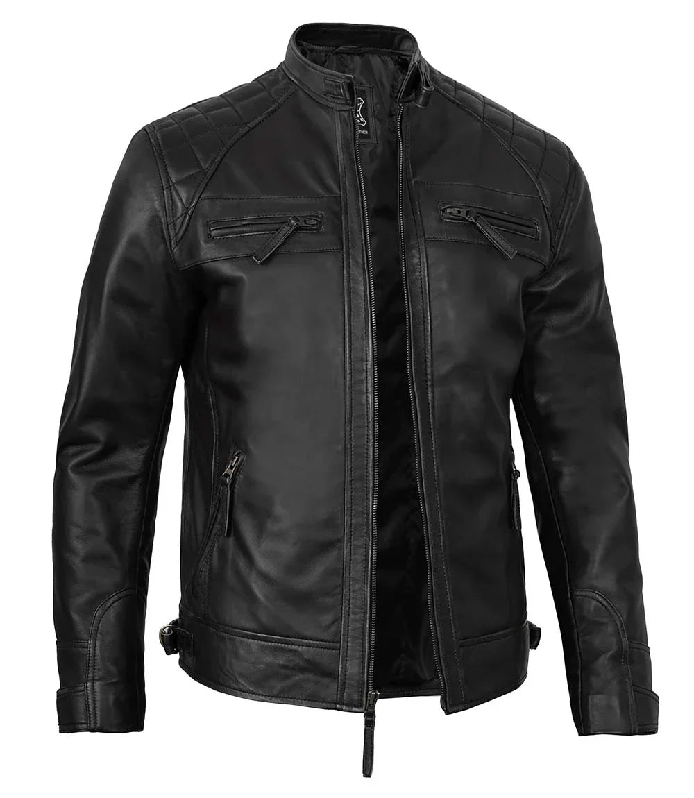 Tall Diamond Mens Black Cafe Racer Leather Jacket - Image 4