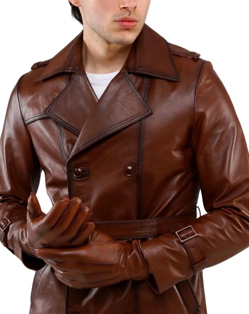 Astro Tan Leather Trench Coat - Image 2
