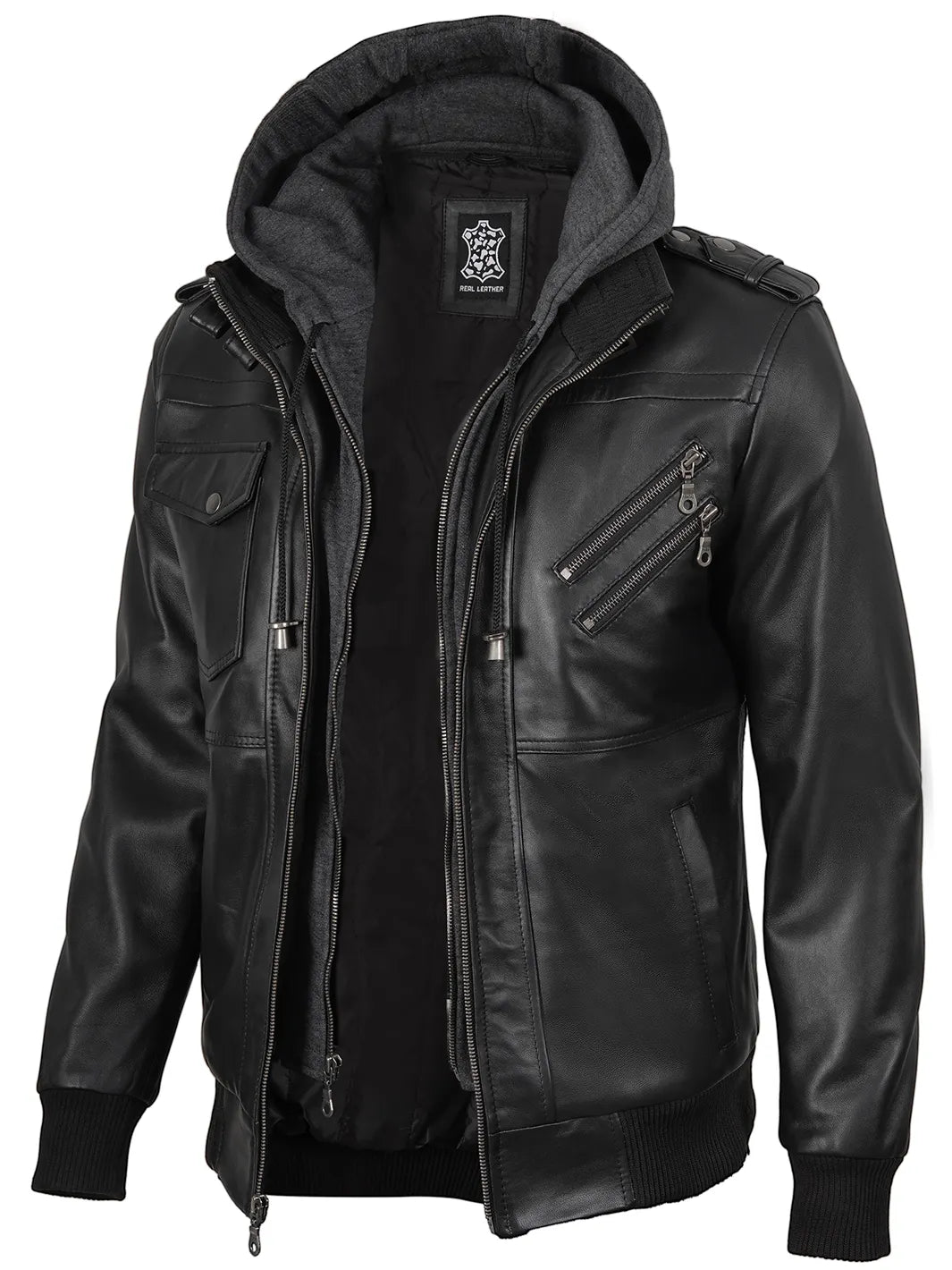 Men's Black Bomber Leather Jacket with Removable Hood