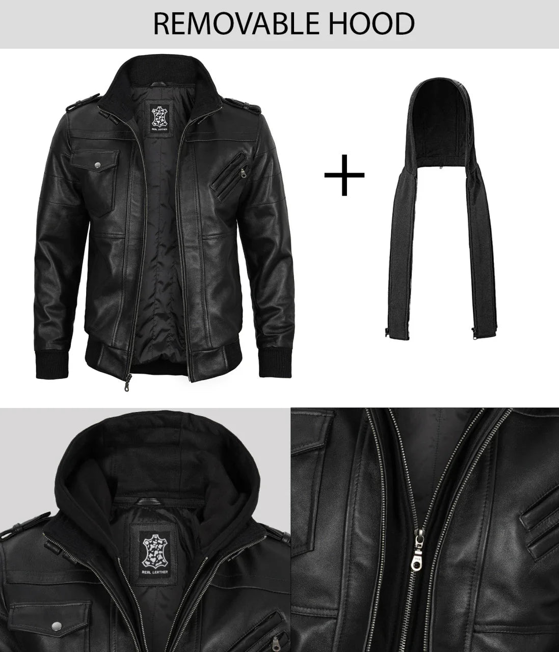 Edinburgh Mens Black Bomber Leather Jacket With Removable Hood - Image 8