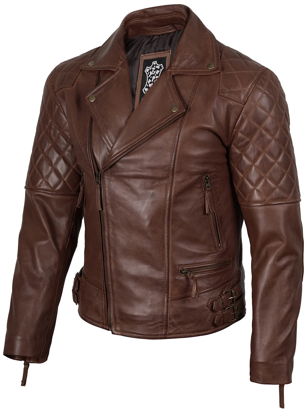 Frisco Mens Dark Brown Quilted Asymmetrical Leather Biker Style Jacket - Image 3