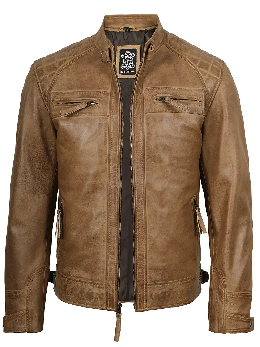Men's Waxed Camel Brown Cafe Racer Style Leather Jacket