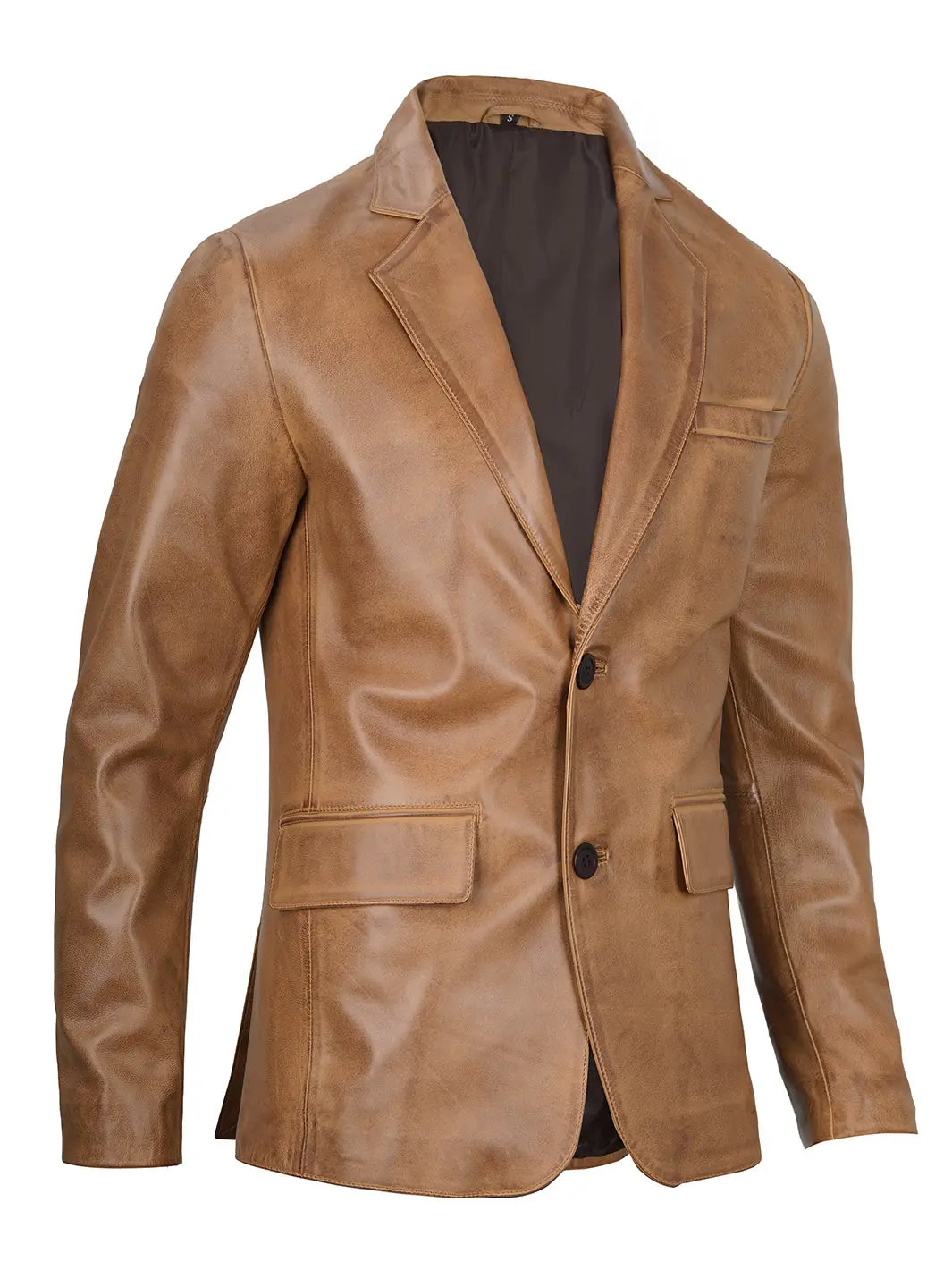 Camel Brown Real Leather Two Button Blazer - Image 5