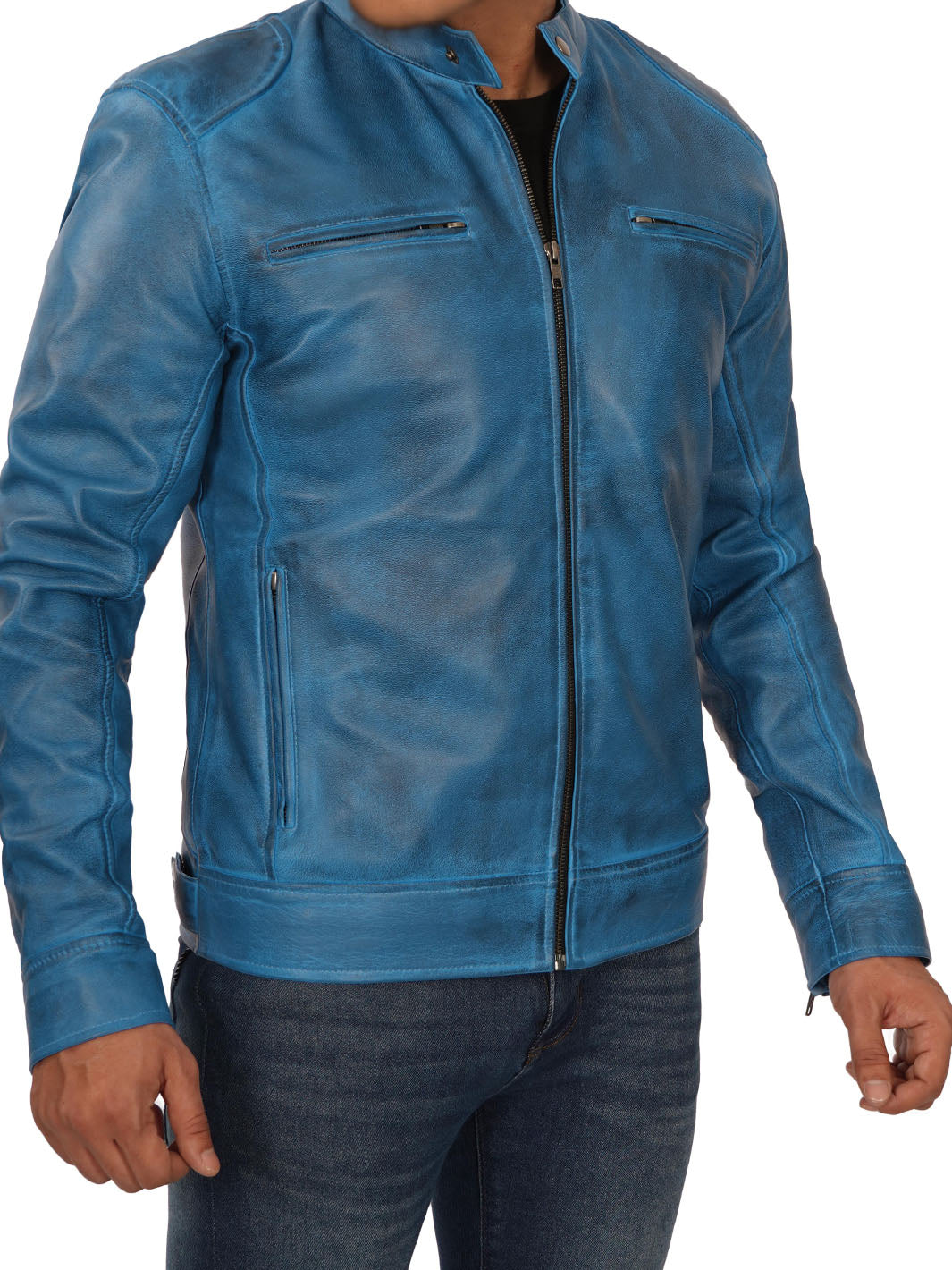 Dodge Men's Cafe Racer Blue Leather Jacket - Image 5