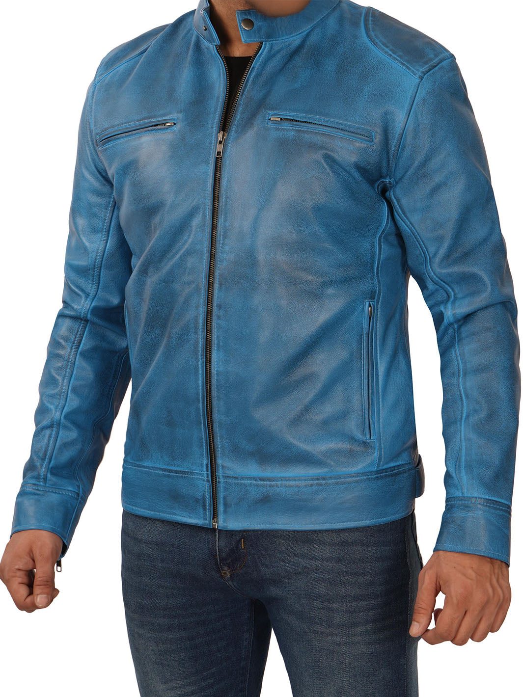 Dodge Men's Cafe Racer Blue Leather Jacket - Image 4