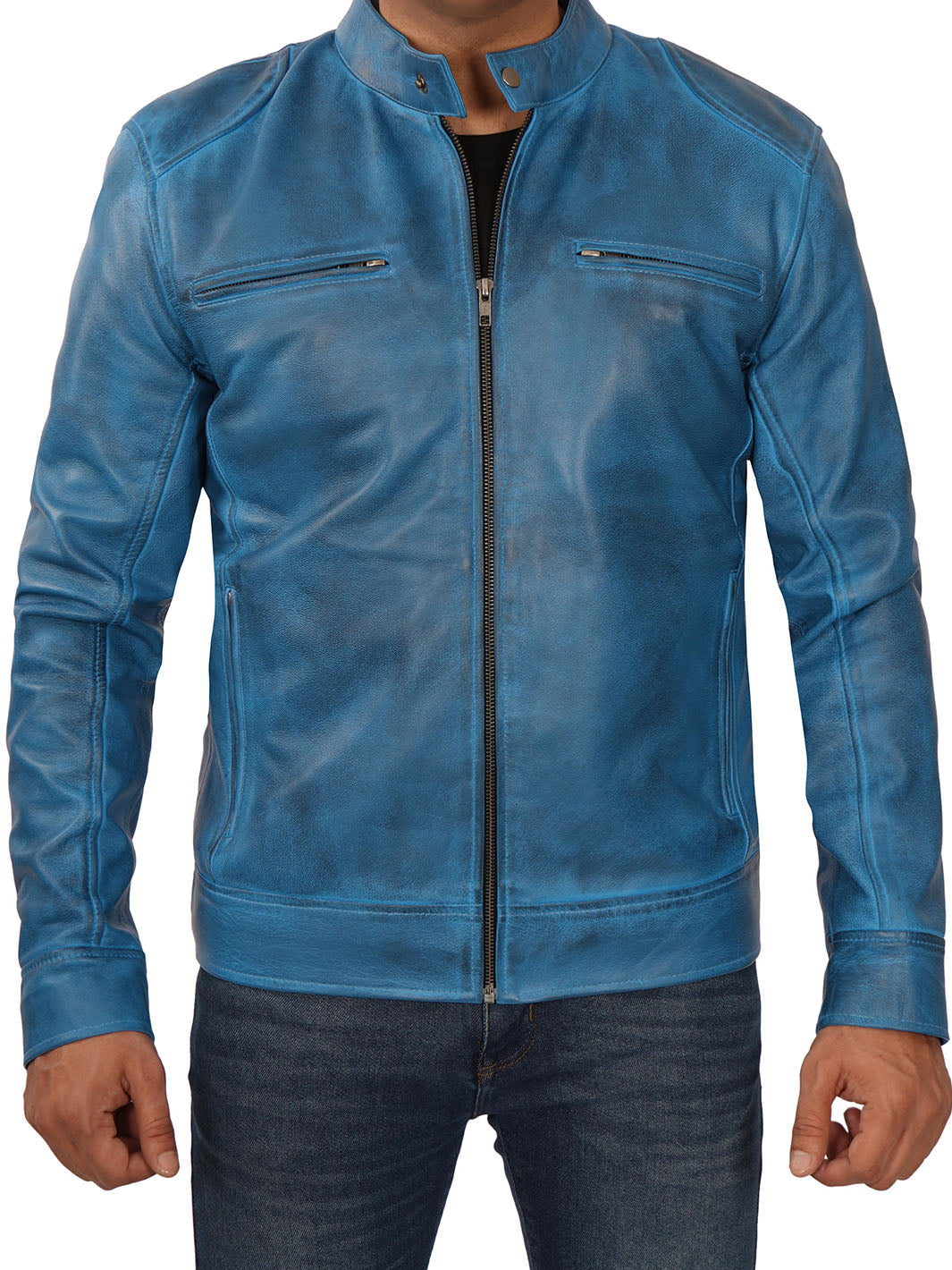 Dodge Men's Cafe Racer Blue Leather Jacket - Image 3