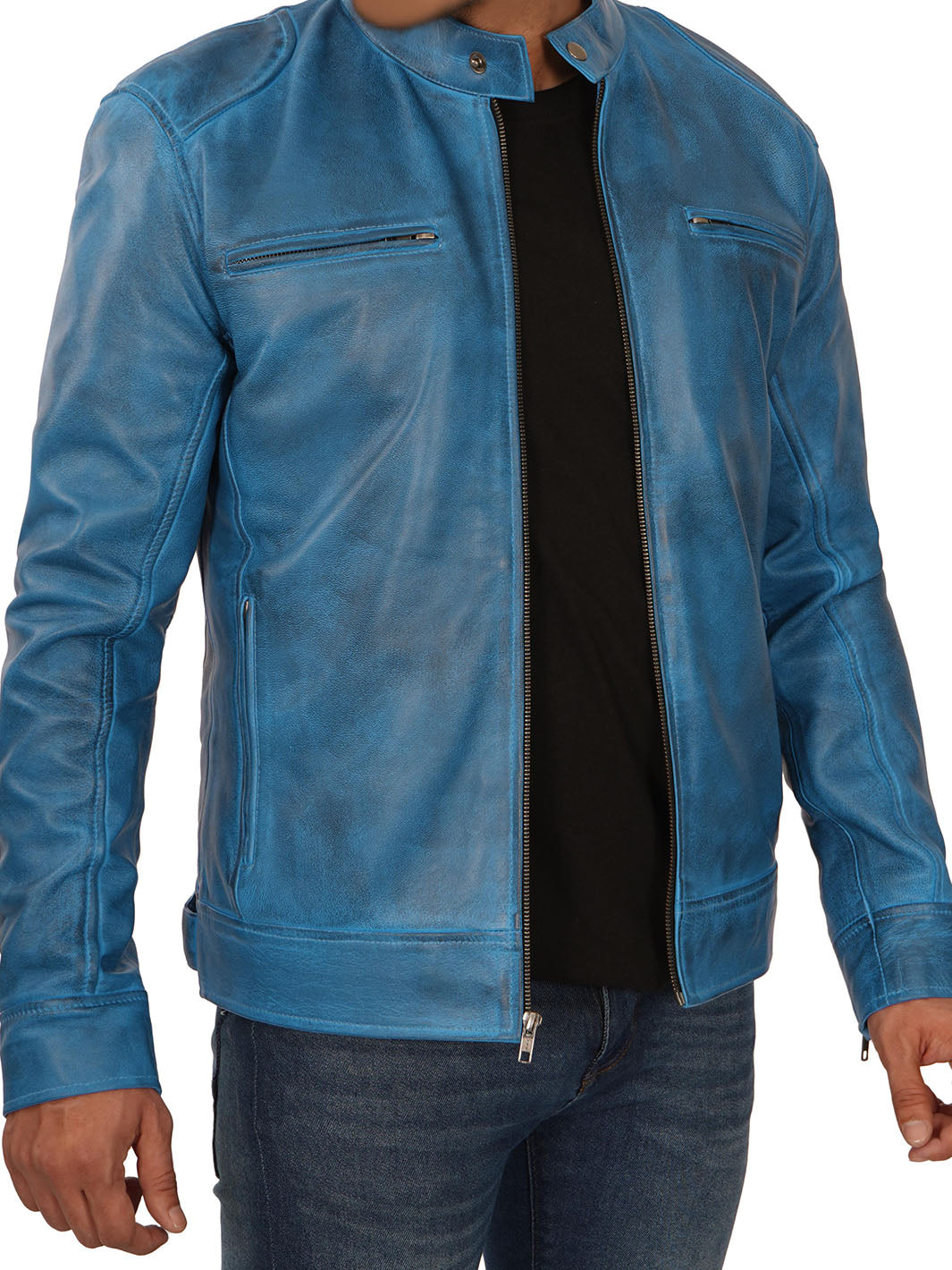 Dodge Men's Cafe Racer Blue Leather Jacket - Image 6