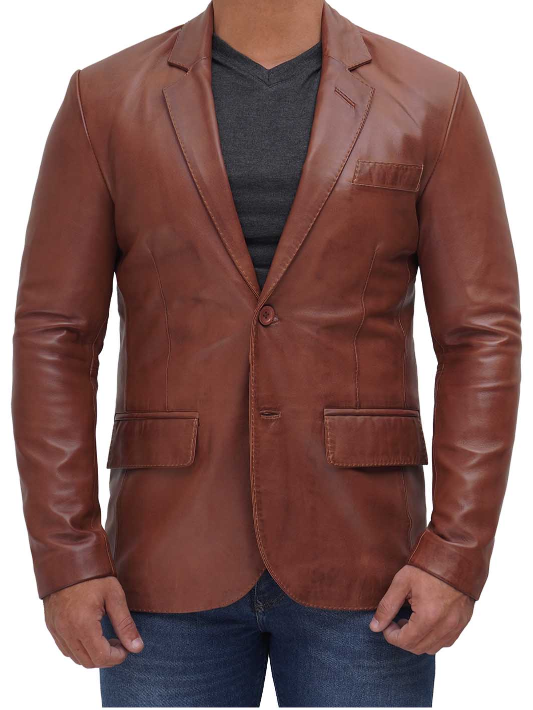 Brandon Men's Tan Real Leather Blazer - Image 3