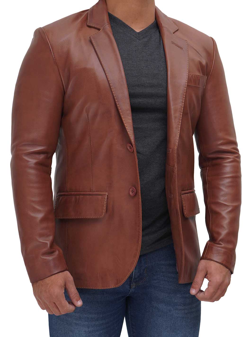 Brandon Men's Tan Real Leather Blazer - Image 4
