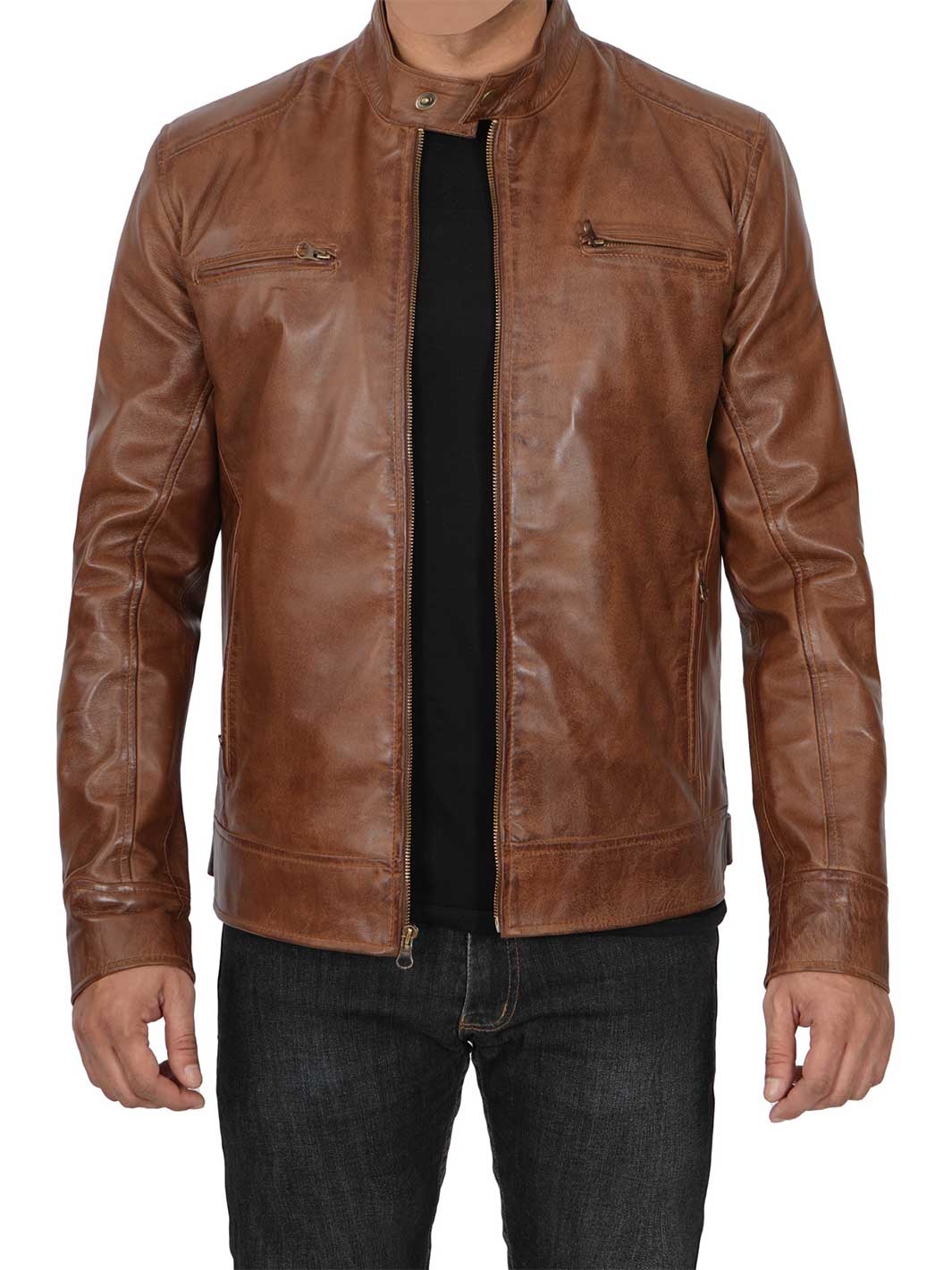 Dodge Mens Chocolate Brown Cafe Racer Leather Jacket