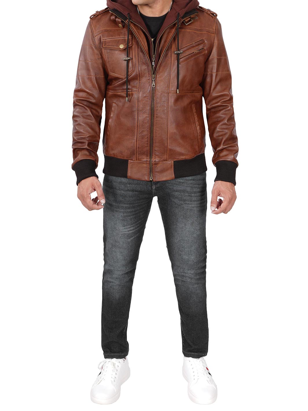 Edinburgh Mens Bomber Brown Leather Jacket With Removable Hooded - Image 16