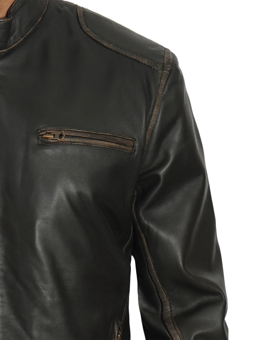 Dodge Tall Mens Dark Brown Cafe Racer Leather Jacket - Image 6