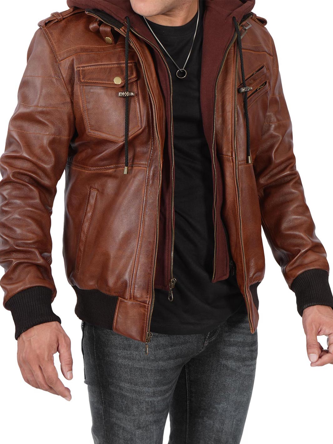 Edinburgh Mens Bomber Brown Leather Jacket With Removable Hooded - Image 8