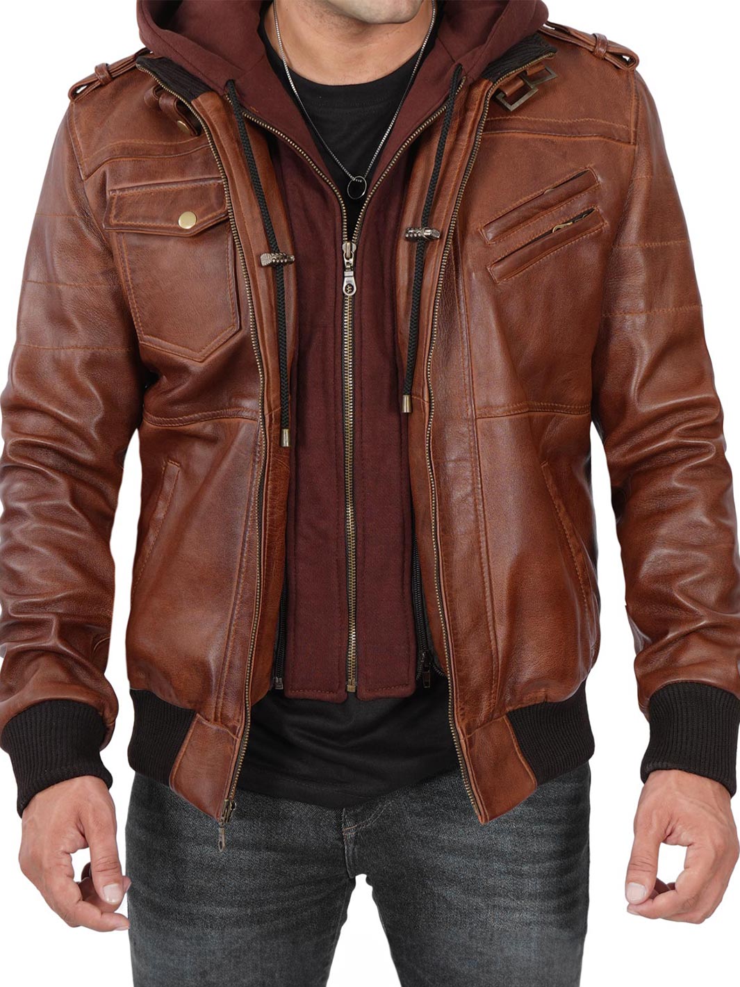 Edinburgh Mens Bomber Brown Leather Jacket With Removable Hooded - Image 4