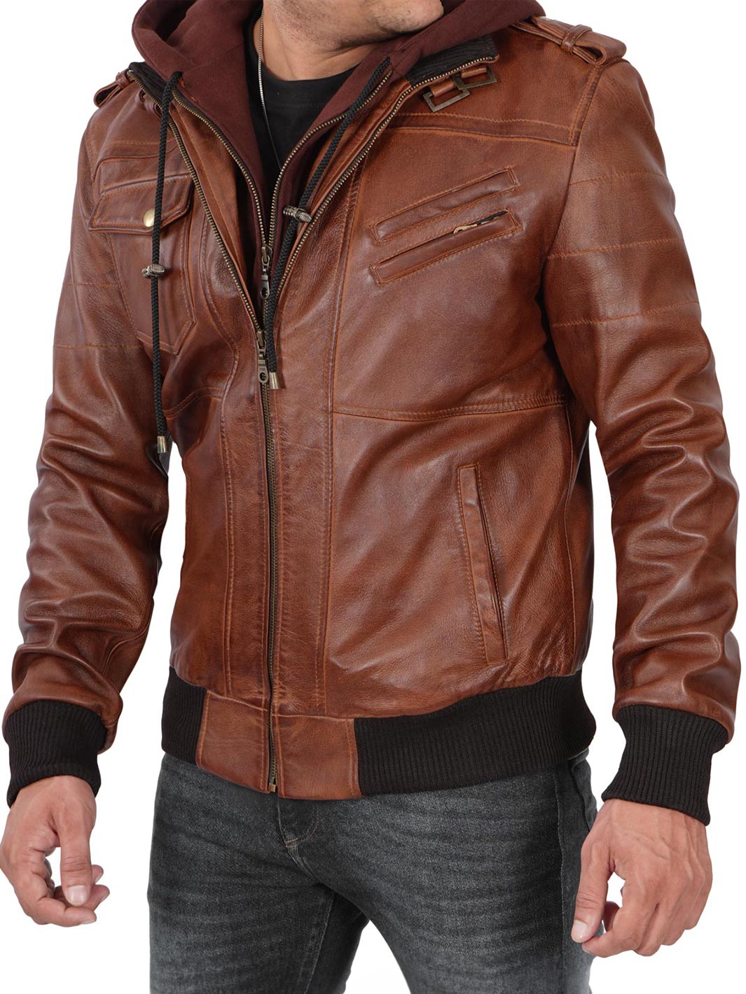 Edinburgh Mens Bomber Brown Leather Jacket With Removable Hooded - Image 10