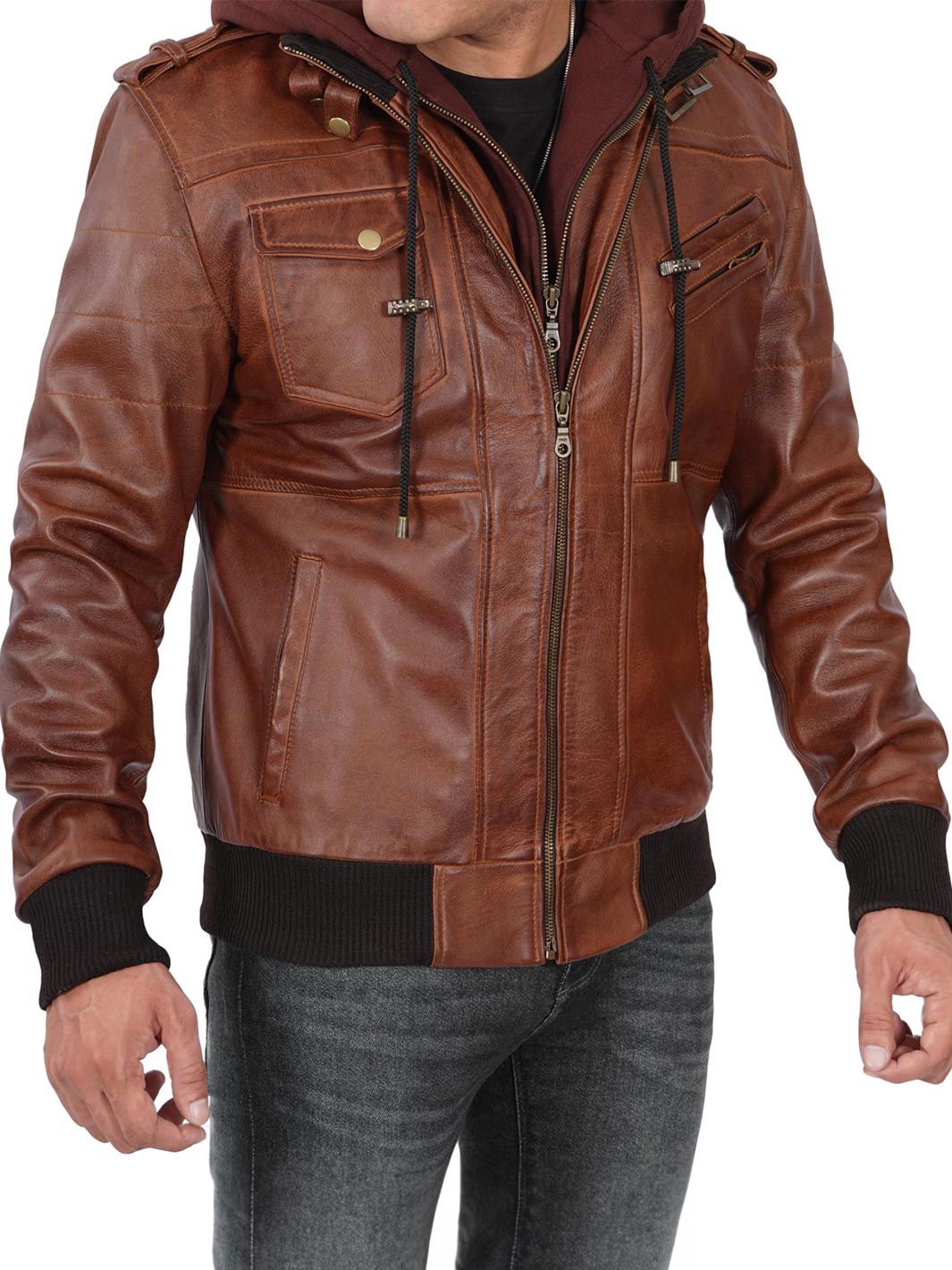 Edinburgh Mens Bomber Brown Leather Jacket With Removable Hooded - Image 12