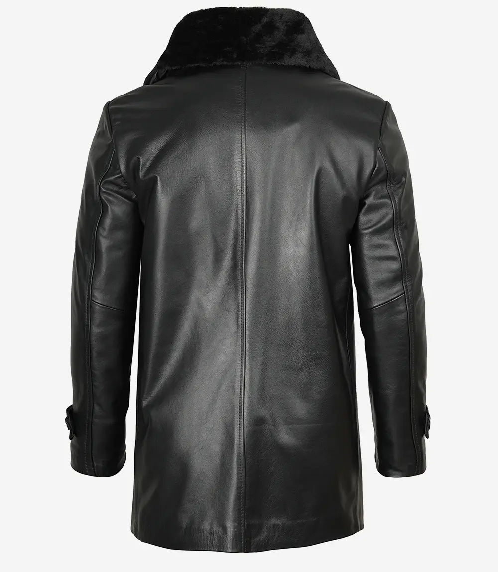 Men's 3/4 Black Real Leather Coat With Fur Collar - Image 3