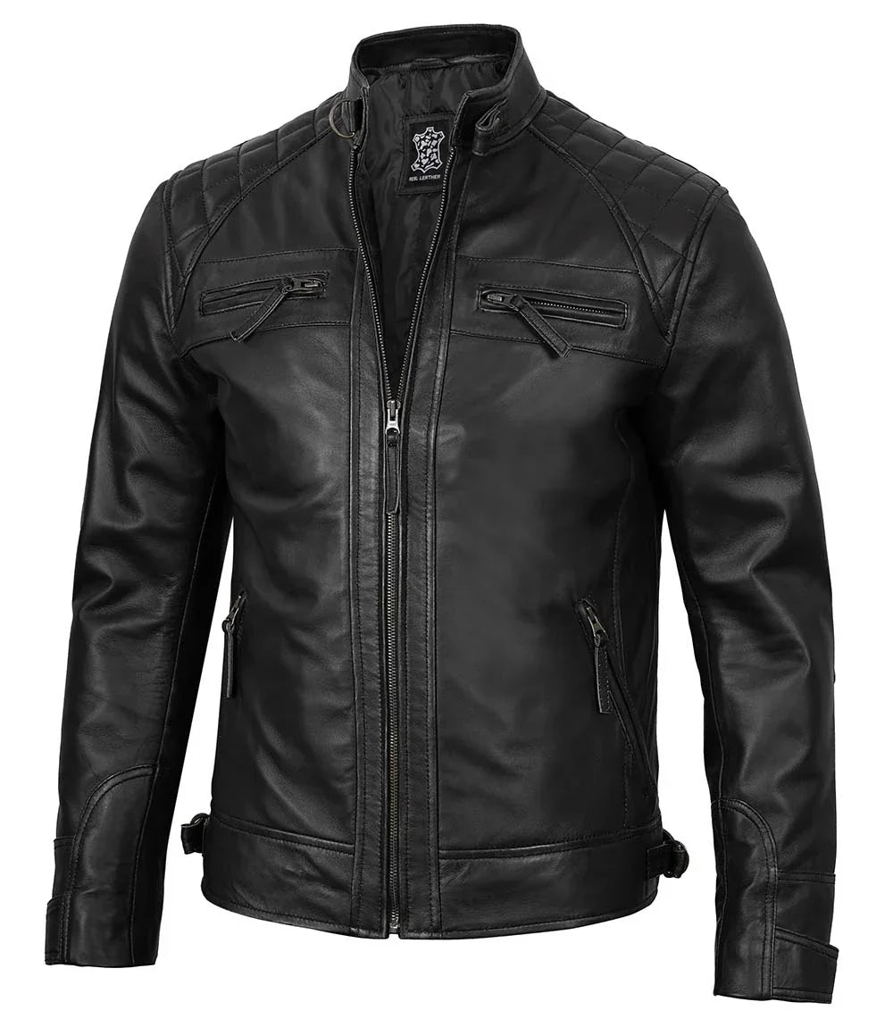 Tall Diamond Mens Black Cafe Racer Leather Jacket - Image 3