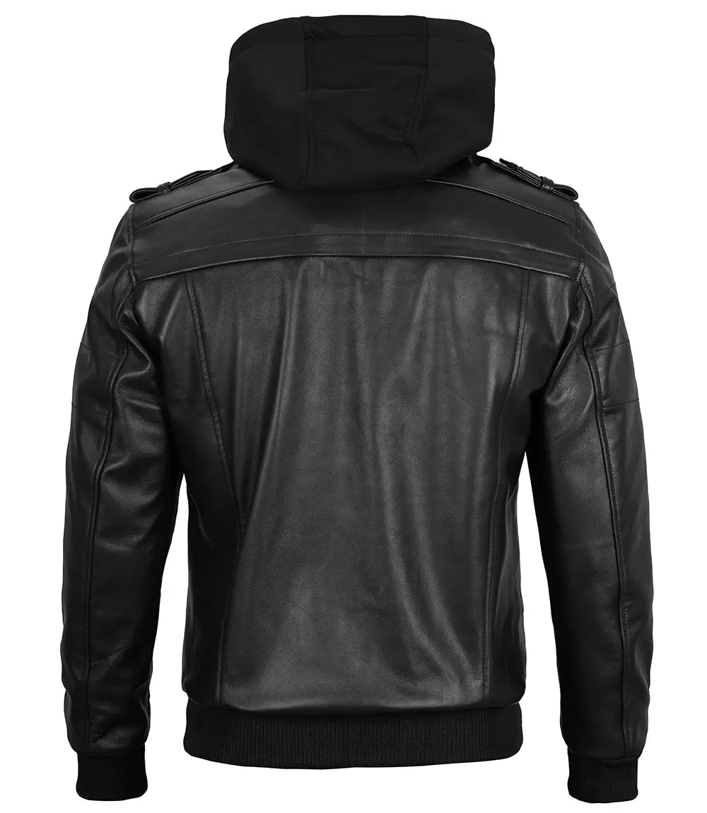 Edinburgh Mens Black Bomber Leather Jacket With Removable Hood - Image 3