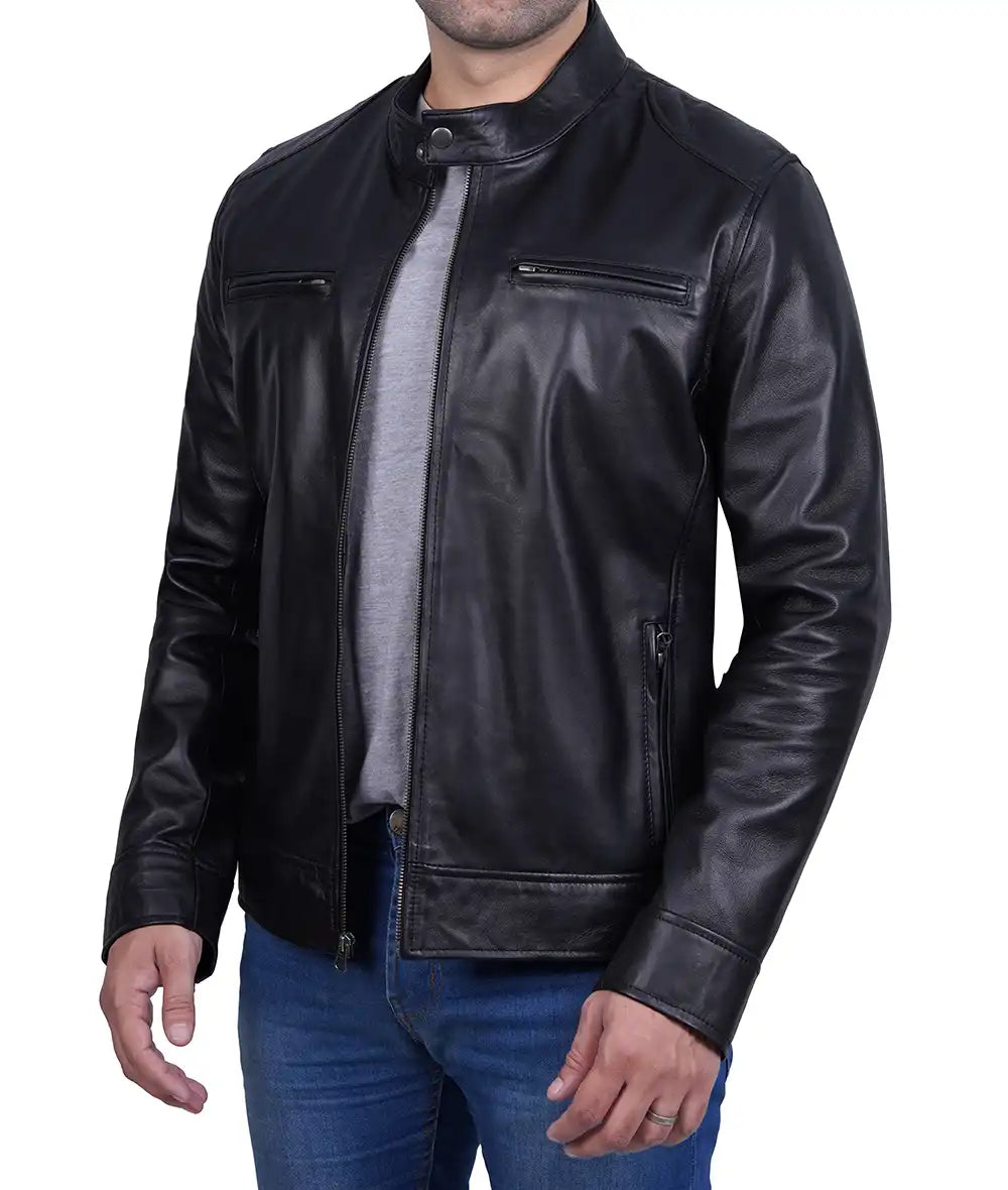 Dodge Mens Black Cafe Racer Leather Biker Jacket