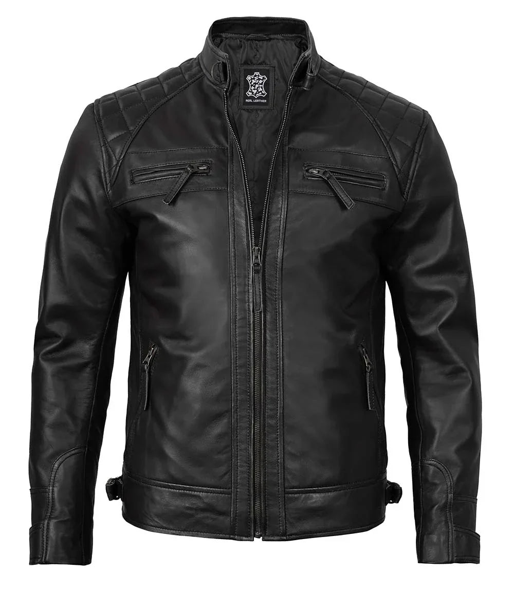 Tall Diamond Mens Black Cafe Racer Leather Jacket - Image 5
