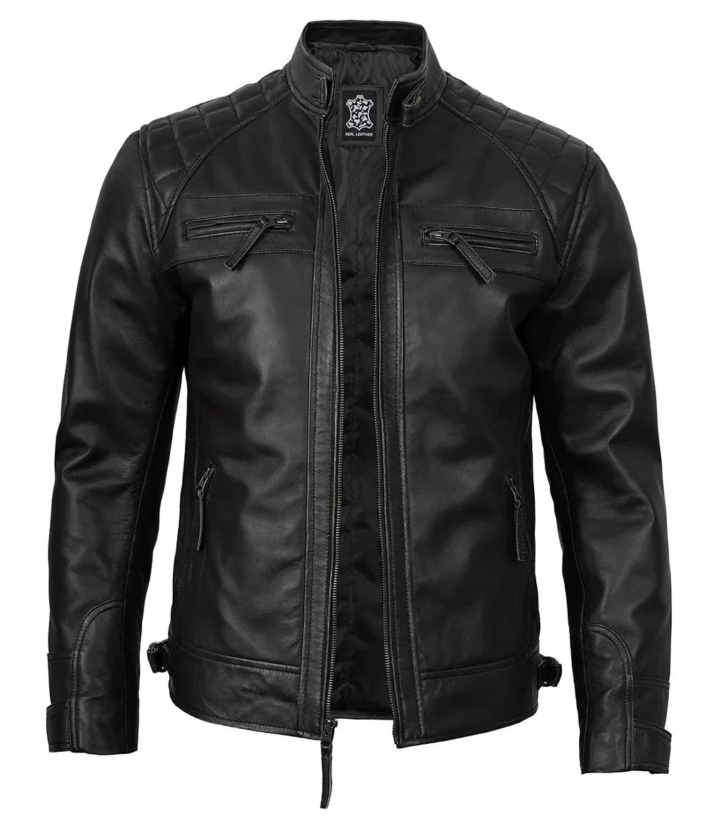 Tall Diamond Mens Black Cafe Racer Leather Jacket - Image 6