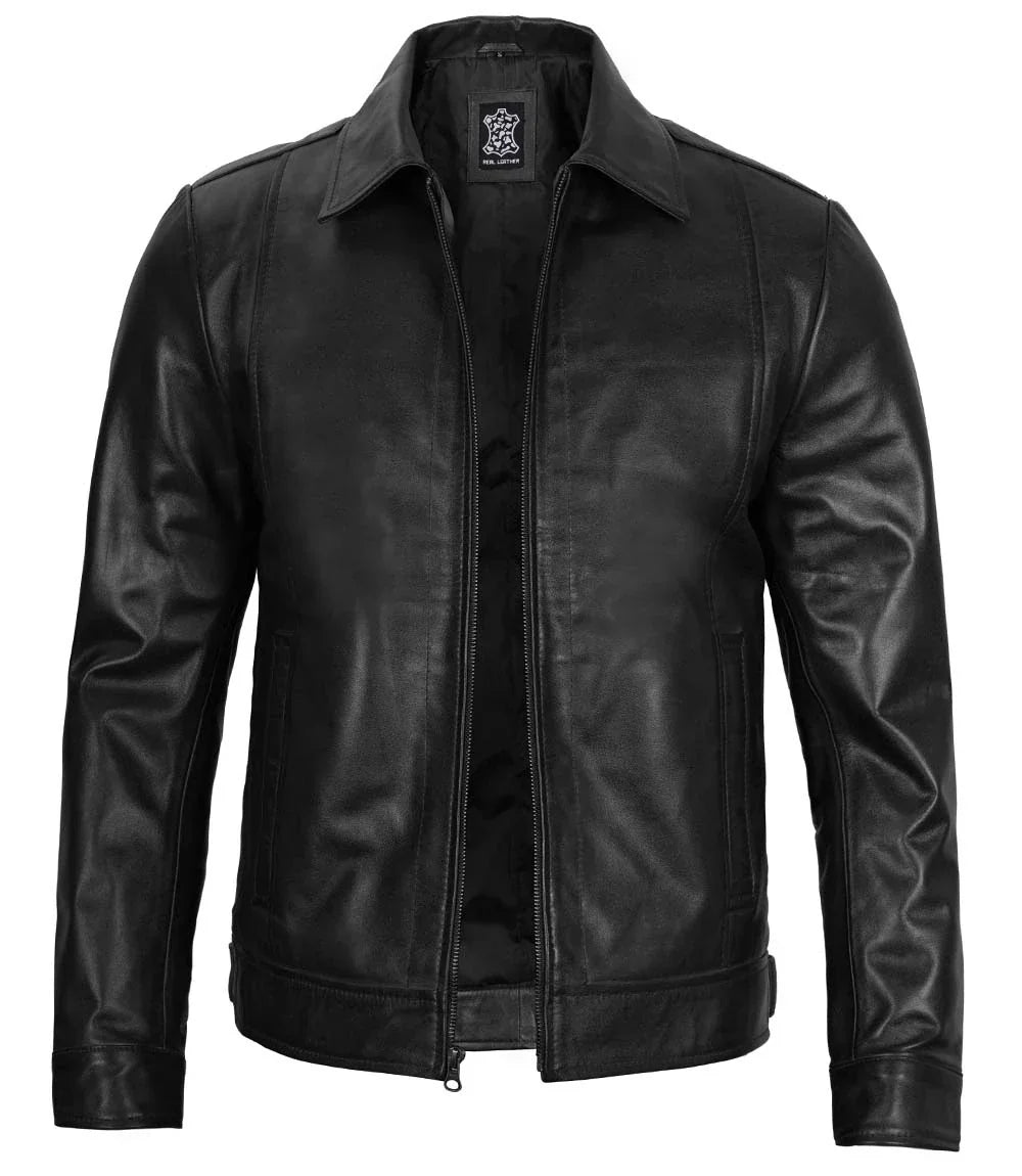 Men's Black Harrington Classic Leather Jacket - Image 11