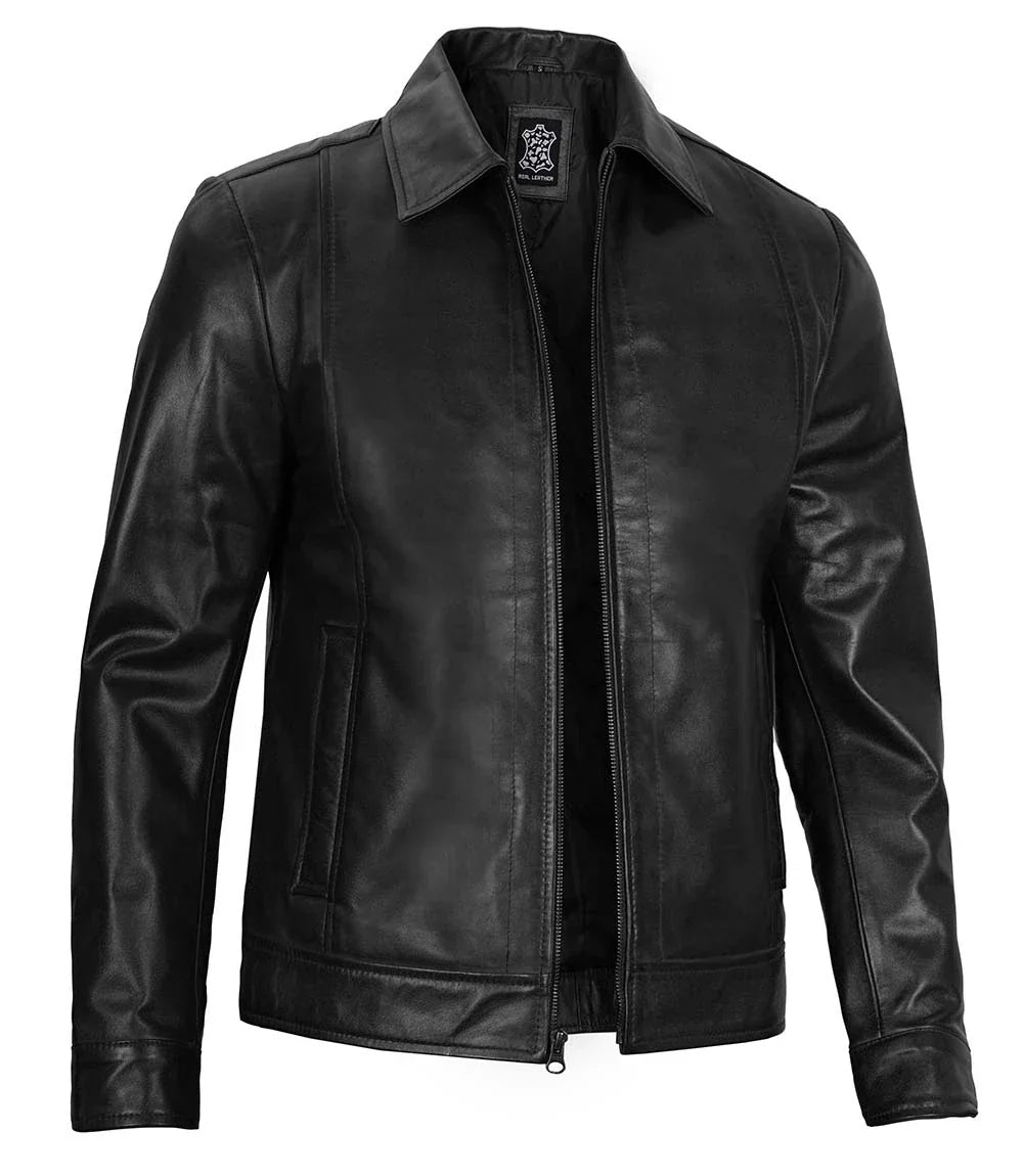 Men's Black Harrington Classic Leather Jacket - Image 6