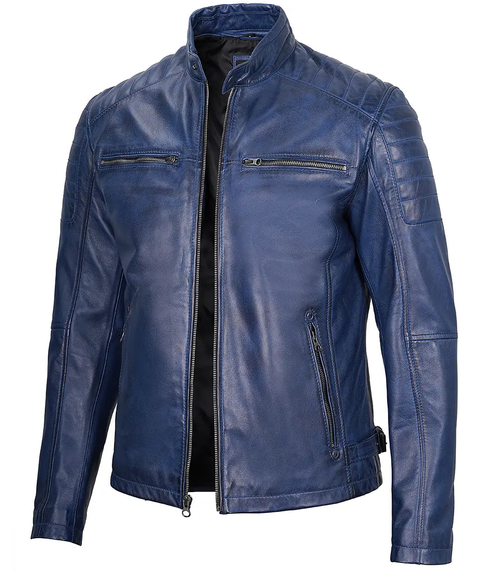 Felix Blue Cafe Racer Leather Jacket
