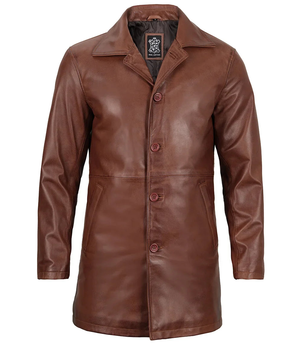 Mens Tan Brown 3/4 Length Leather Car Coat - Image 8