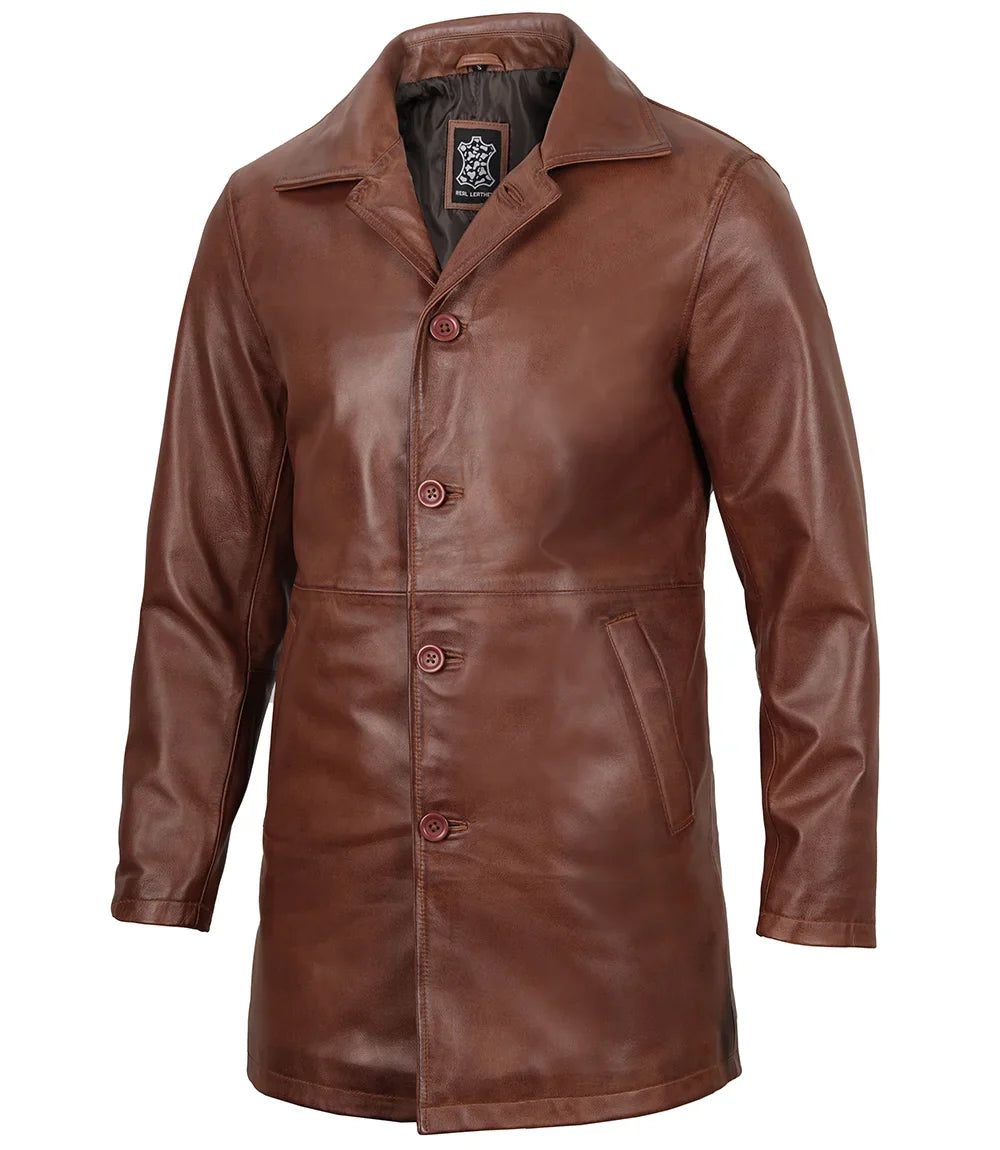 Mens Tan Brown 3/4 Length Leather Car Coat - Image 6