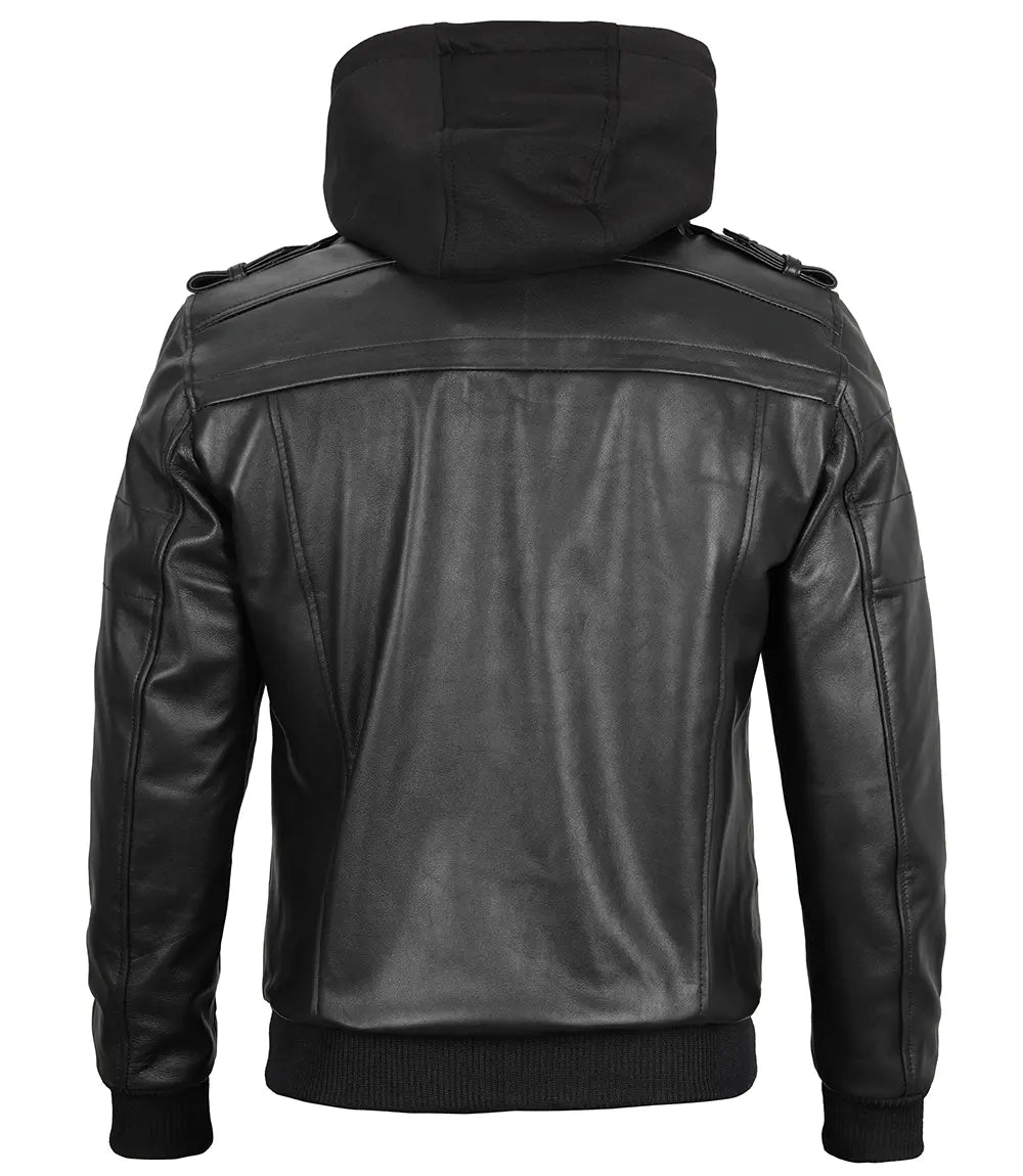 Tall Men's Black Leather Jacket with Removable Hood - Image 3