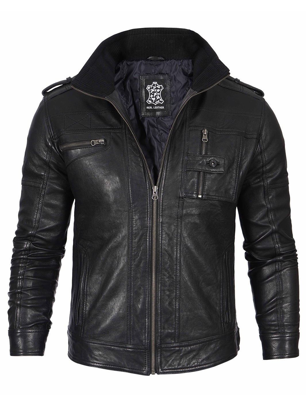 Mens Black Waxed Cafe Racer Leather Jacket - Image 5