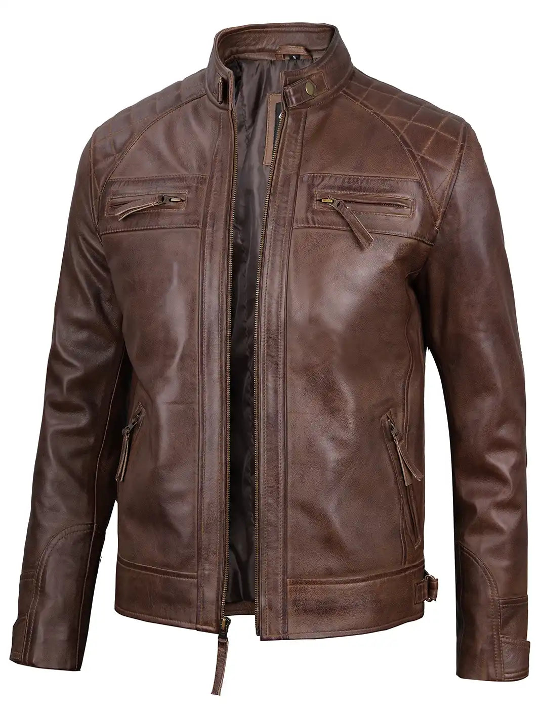 Men Chocolate Brown Cafe Racer Real Leather Jacket