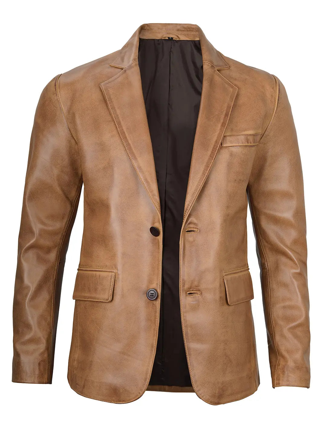Camel Brown Real Leather Two Button Blazer - Image 4