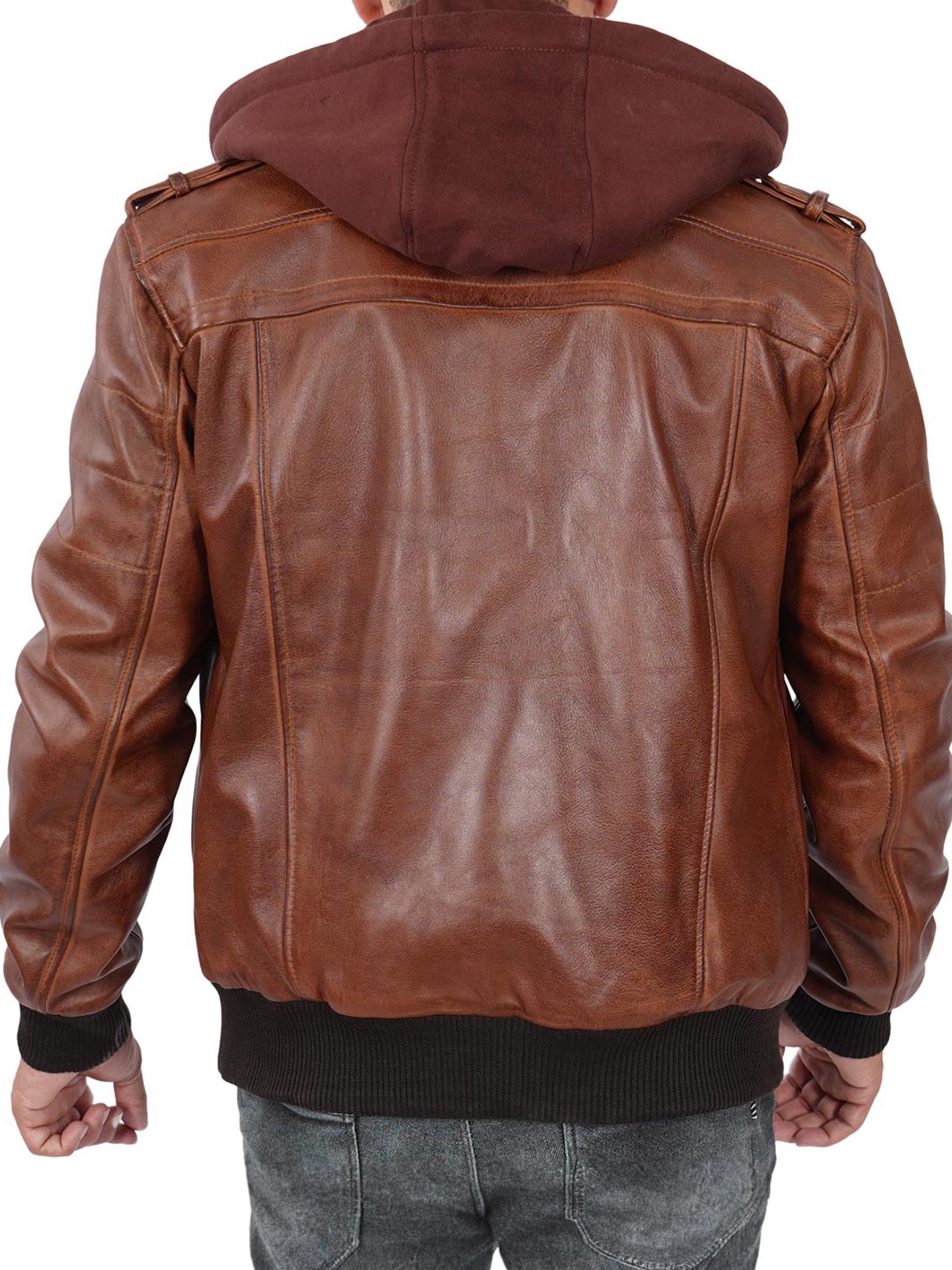 Edinburgh Mens Bomber Brown Leather Jacket With Removable Hooded - Image 2