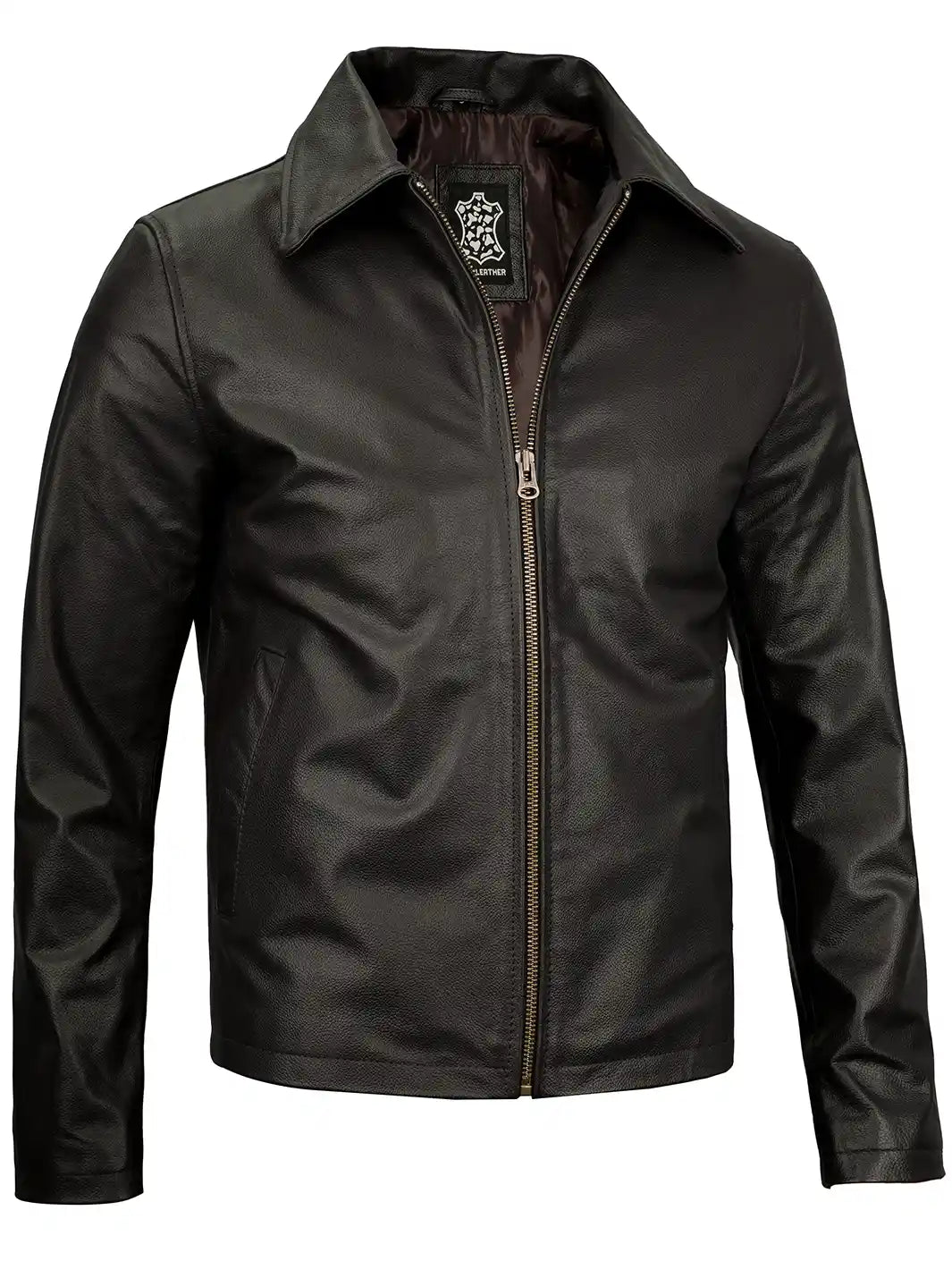 Harrington Mens Black Shirt Collar Cowhide Leather Jacket - Image 5