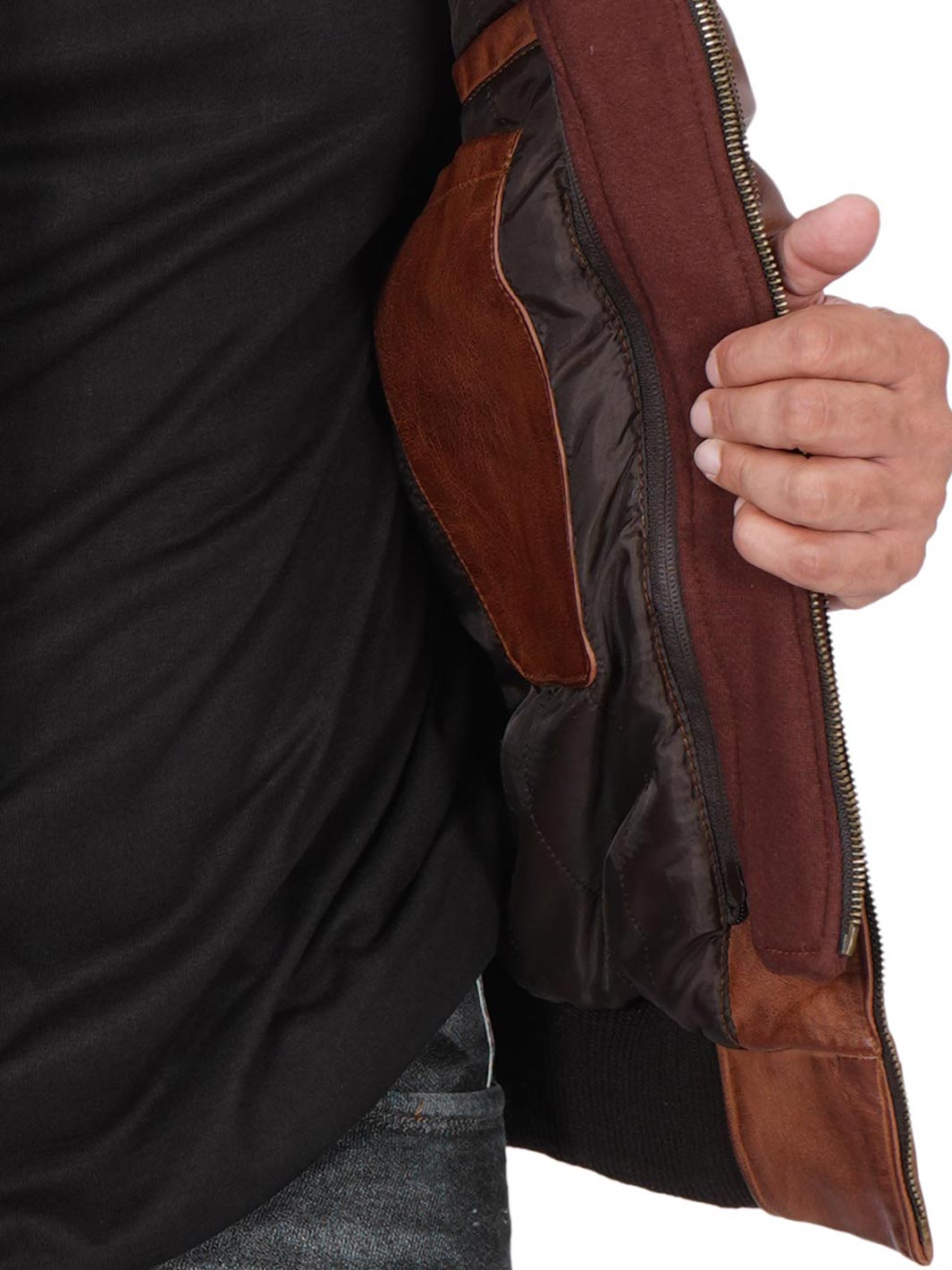 Edinburgh Mens Bomber Brown Leather Jacket With Removable Hooded - Image 13