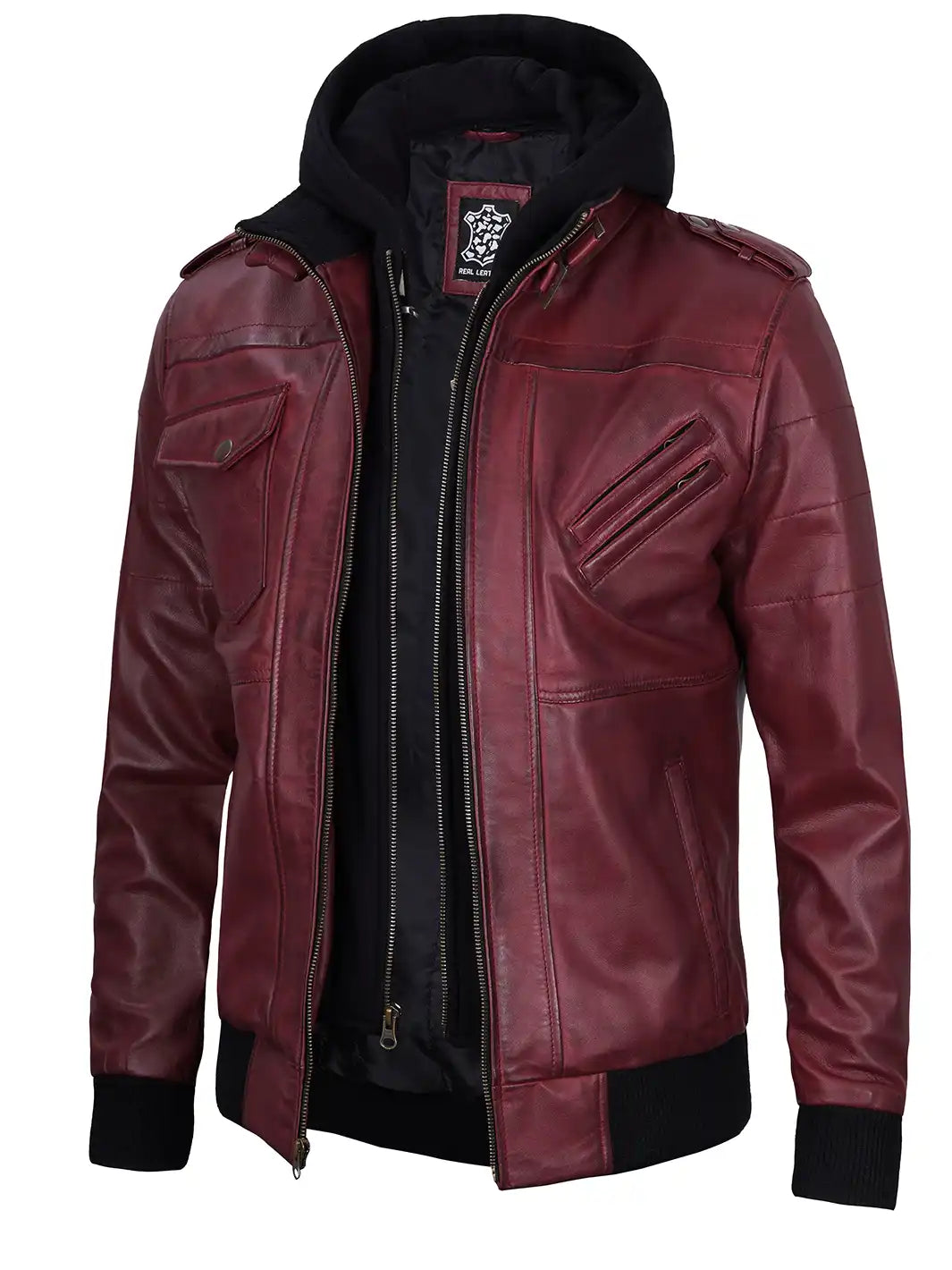 Edinburgh Mens Maroon Bomber Hooded Leather Jacket