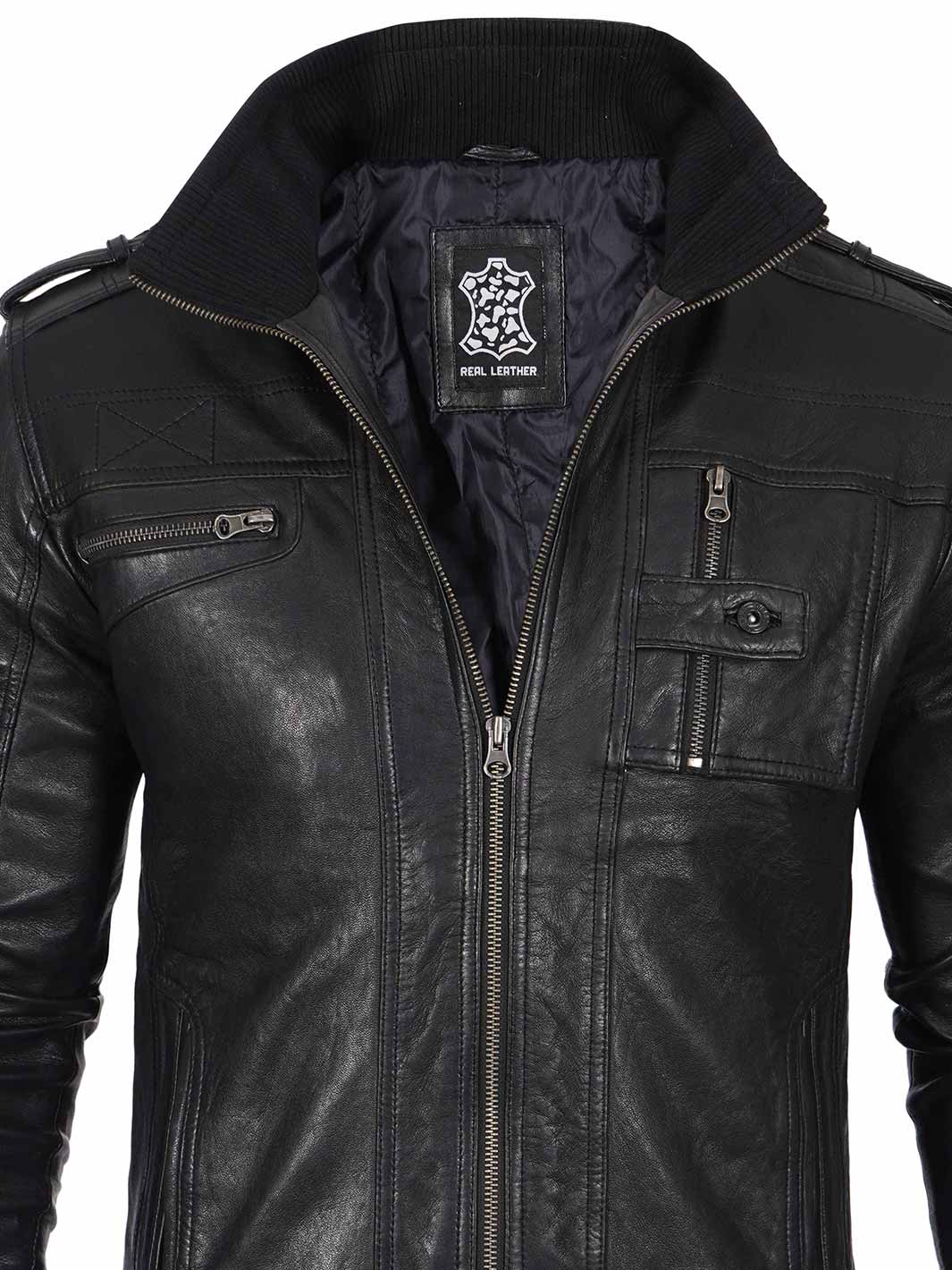 Mens Black Waxed Cafe Racer Leather Jacket - Image 15