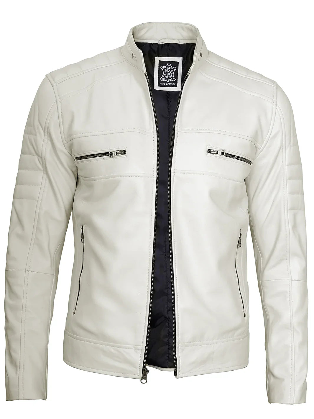 Mens Off White Cafe Racer Leather Jacket - Image 7