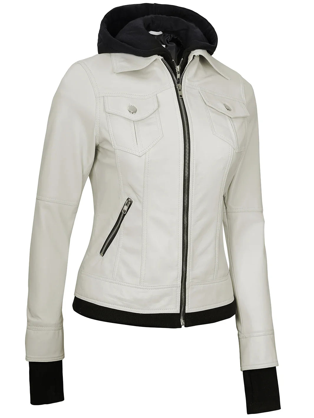 Womens Off White Motorcycle Leather Jacket with Hood - Image 6