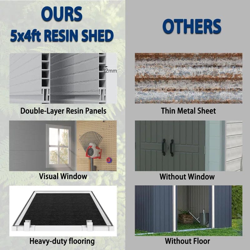 Outdoor Storage Shed, 5×4 FT Resin Shed with Floor, Weather-Resistant Plastic Garden Shed - Image 5