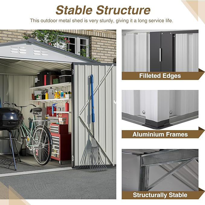 Outdoor Storage Shed, All Weather Metal Sheds with 2 Lockable Doors