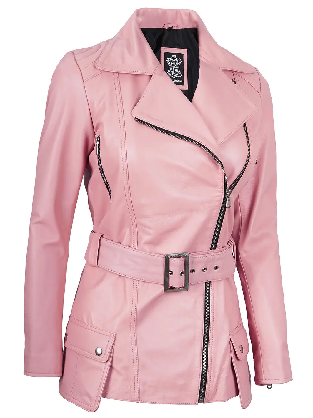 Womens Asymmetrical Pink Biker Leather Jacket - Image 4
