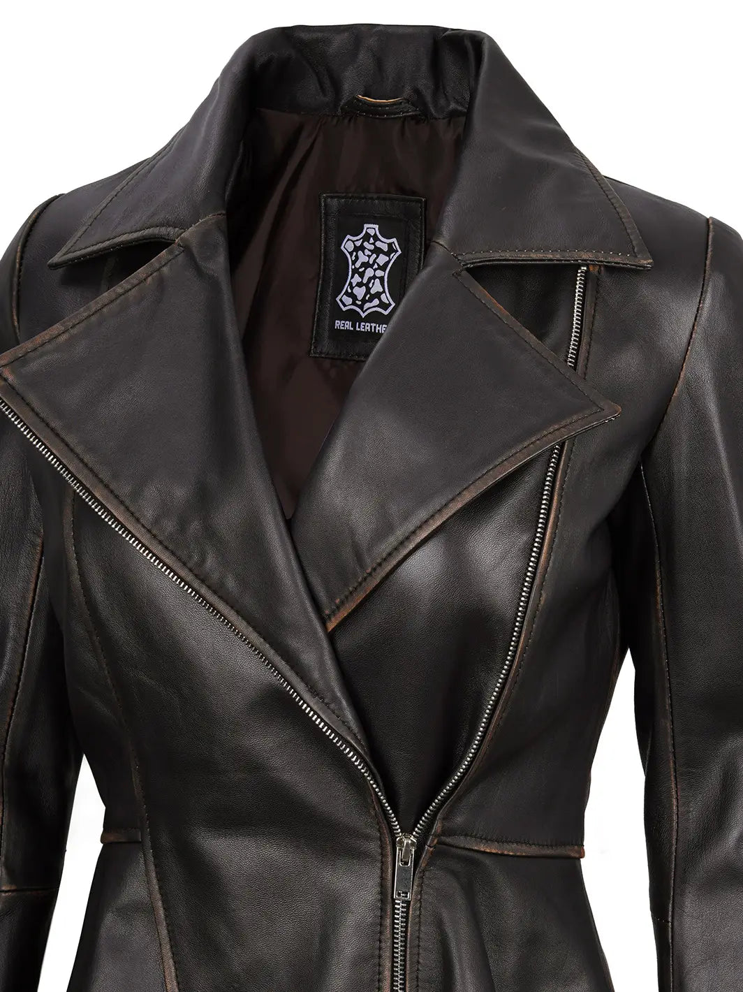 Clarissa Rub Off Brown Asymmetrical Peplum Leather Jacket - Image 4