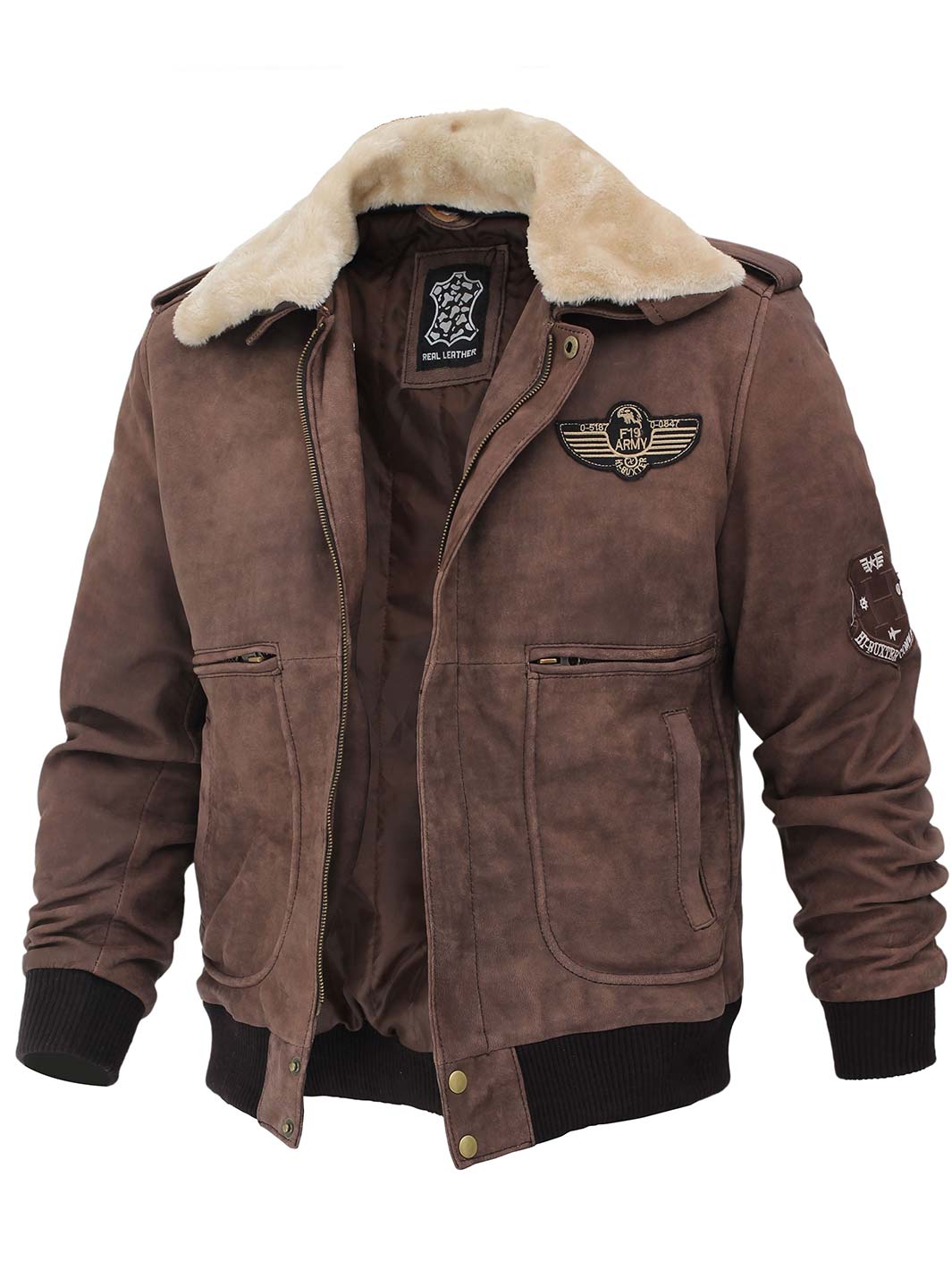 Men's Brown Suede Bomber Aviator Jacket with Removeable Shearling Collar