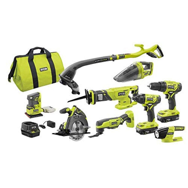 RYOBI 18V ONE+ Lithium-Ion Cordless 9-Tool Combo Kit P1869 with Batteries, Charger