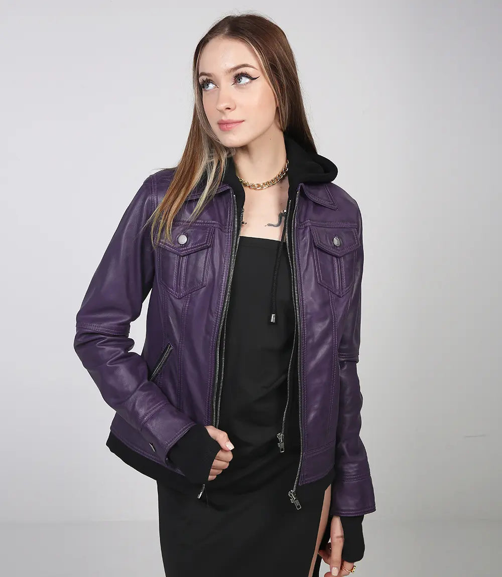 Women's Purple Bomber Leather Jacket with Removable Hood